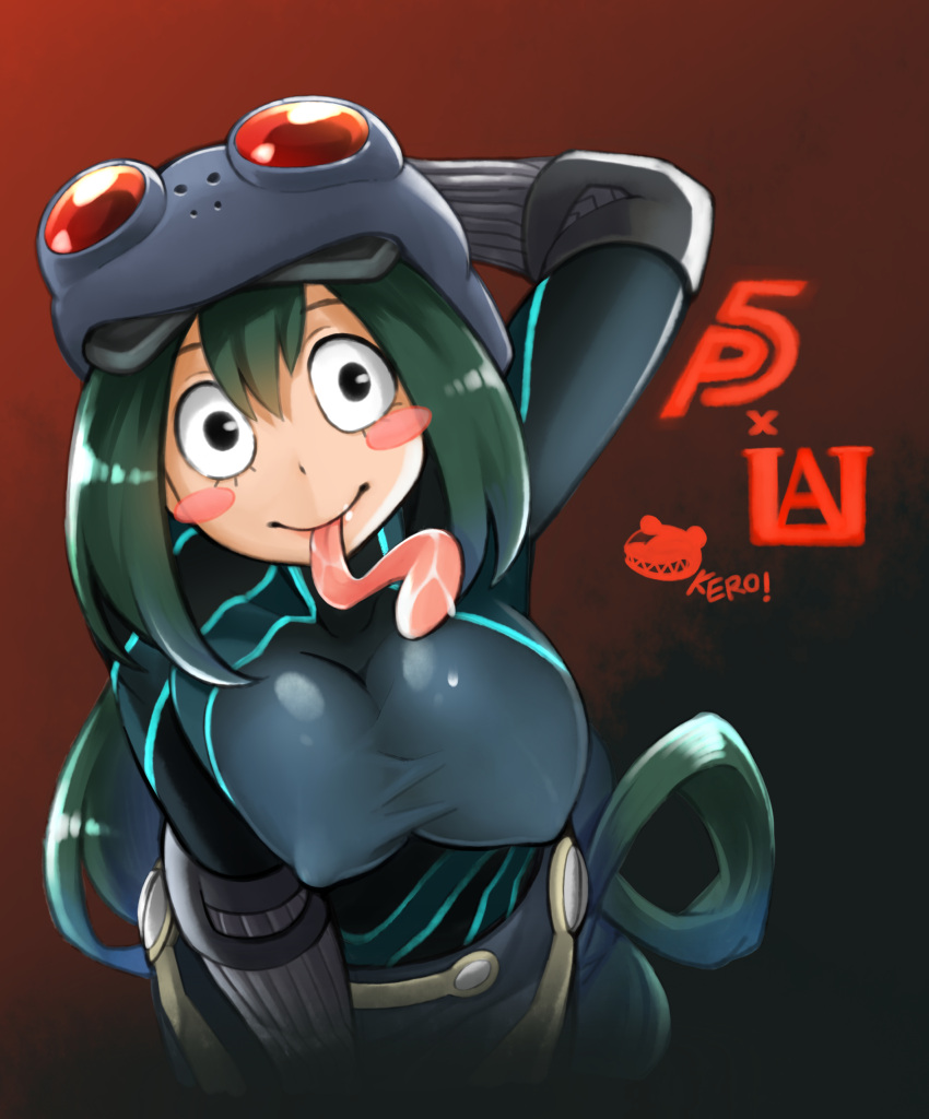 1girl absurdres asui_tsuyu atlus bandai bandai_namco blush_stickers bodysuit boku_no_hero_academia bones_(studio) breasts cosplay frog_girl goggles goggles_on_head green_hair hair_between_eyes highres large_breasts long_hair looking_at_viewer megami_tensei monster_girl namco persona persona_5 sakura_futaba sakura_futaba_(cosplay) shueisha tongue tongue_out very_long_hair yaobin_yang