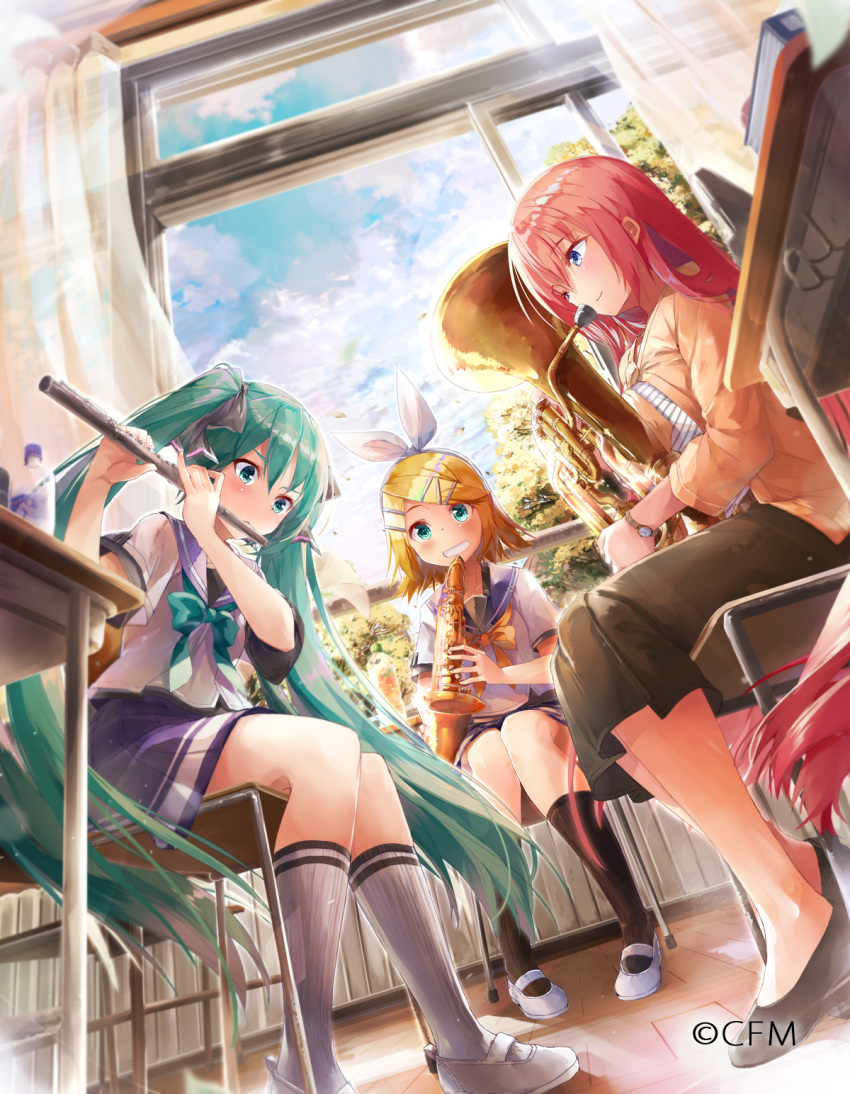 3girls alternate_costume backlighting blonde_hair blue_eyes blush book bottle classroom clouds commentary curtains daidou_(demitasse) desk dutch_angle euphonium flute from_below green_hair grin hair_ornament hairclip hatsune_miku highres indoors instrument kagamine_rin kneehighs knees_together_feet_apart megurine_luka multiple_girls music open_window pink_hair playing_instrument saxophone school_desk school_uniform serafuku sitting sky slippers smile sunlight tree twintails vocaloid watch watch water_bottle wind window