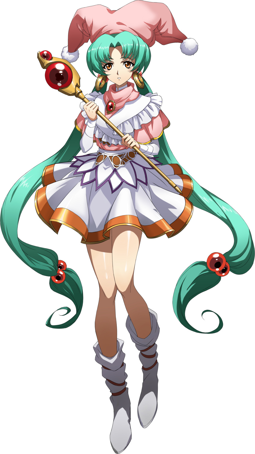 1girl absurdres boots dress earrings green_hair hat highres holding holding_wand jester_cap jewelry langrisser langrisser_iv long_hair long_sleeves official_art orange_eyes parted_lips schelfaniel_(langrisser) solo transparent_background twintails very_long_hair wand white_footwear