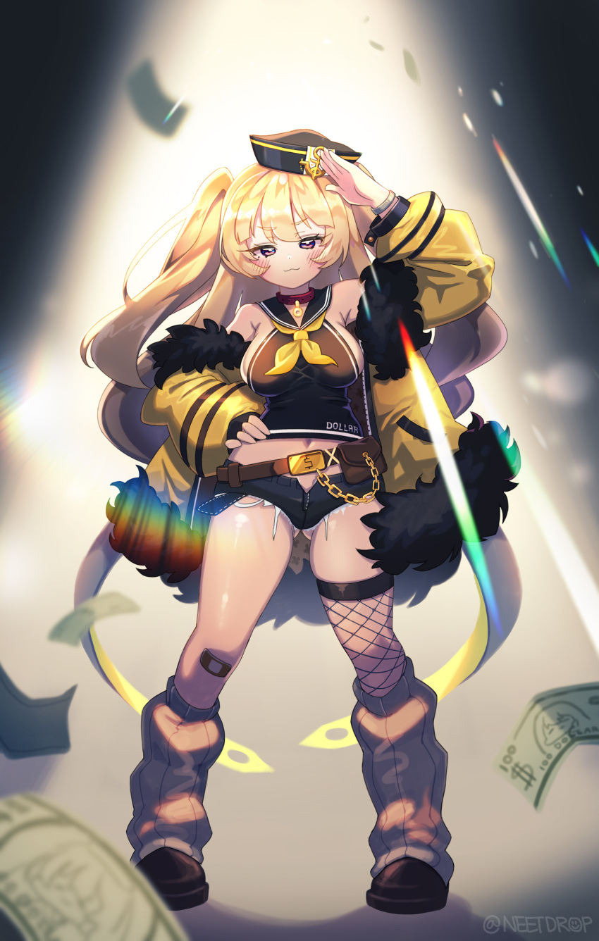 :3 absurdres artist_name ass_visible_through_thighs asymmetrical_legwear azur_lane bache_(azur_lane) backlighting bandaid bandaid_on_knee bangs belt belt_buckle black_sailor_collar blonde_hair blush breasts buckle choker closed_mouth commentary_request denim denim_shorts dollar_bill dollar_sign eyebrows_visible_through_hair fishnet_legwear fishnets full_body fur-trimmed_jacket fur_trim hand_on_hip hat highres jacket legs_apart long_hair medium_breasts midriff navel neetdrop off_shoulder red_choker sailor_collar sailor_hat salute short_shorts shorts sideboob sidelocks signature skindentation smile smug spotlight standing thigh_gap thighs twitter_username two_side_up unzipped