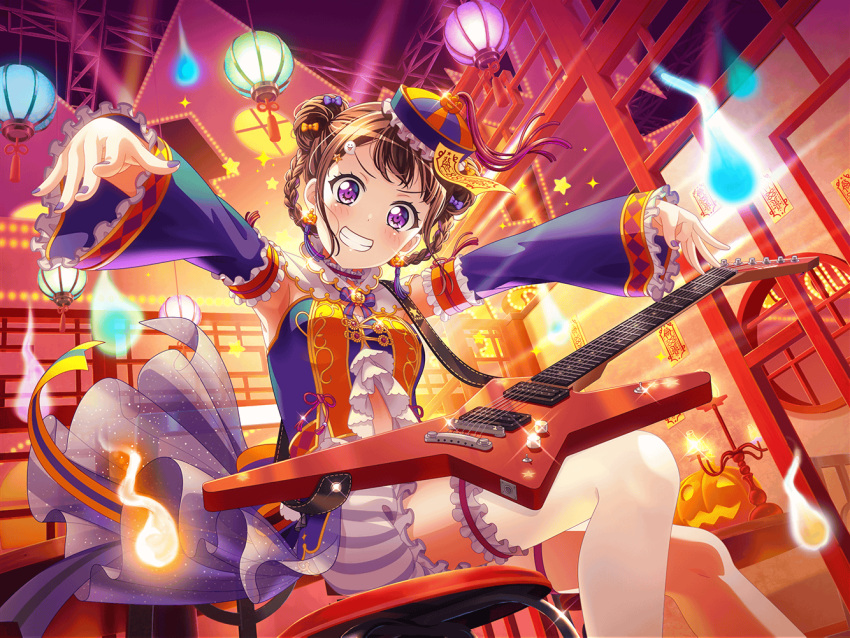 1girl alternate_hairstyle bang_dream! blush brown_hair chinese_architecture dress earrings guitar halloween halloween_costume jiangshi jiangshi_costume looking_at_viewer official_art pumpkin short_hair smile smirk solo toyama_kasumi violet_eyes