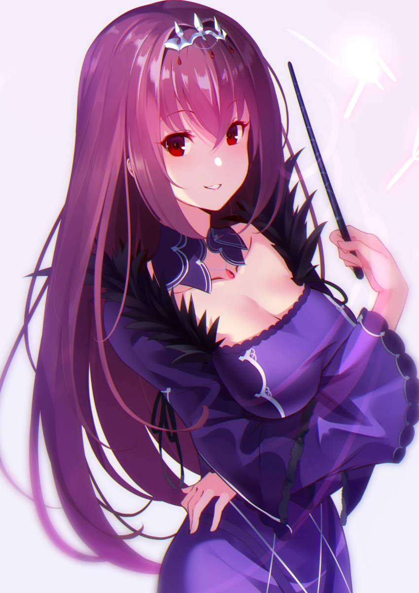 1girl absurdres breasts crossed_arms dress fate/grand_order fate_(series) fur_trim highres jewelry kujou_ichiso large_breasts long_hair pendant purple_hair red_eyes scathach_(fate)_(all) scathach_skadi_(fate/grand_order) smile tiara wand