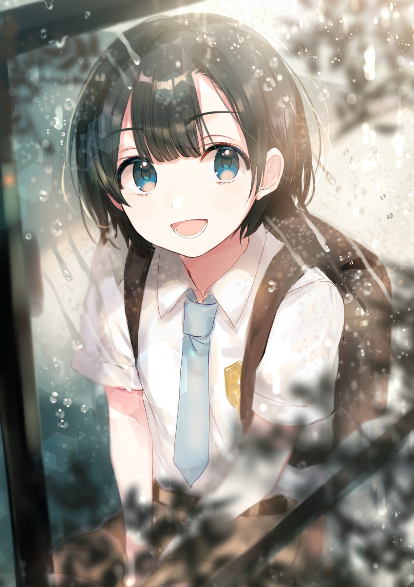 :d absurdres androgynous backpack bag bangs between_legs black_hair blue_eyes blue_neckwear brown_shorts canarinu character_request collared_shirt commentary_request eyebrows_visible_through_hair from_outside hand_between_legs highres looking_at_viewer necktie open_mouth school_uniform shirt short_hair short_sleeves shorts sitting smile tenki_no_ko water_drop white_shirt window wing_collar