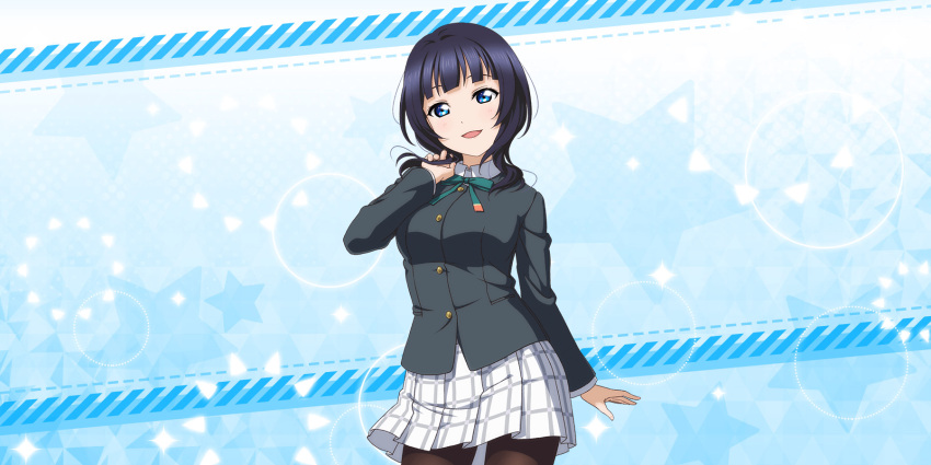 asaka_karin blue_eyes blue_hair blush love_live!_school_idol_festival_all_stars school_uniform short_hair smile