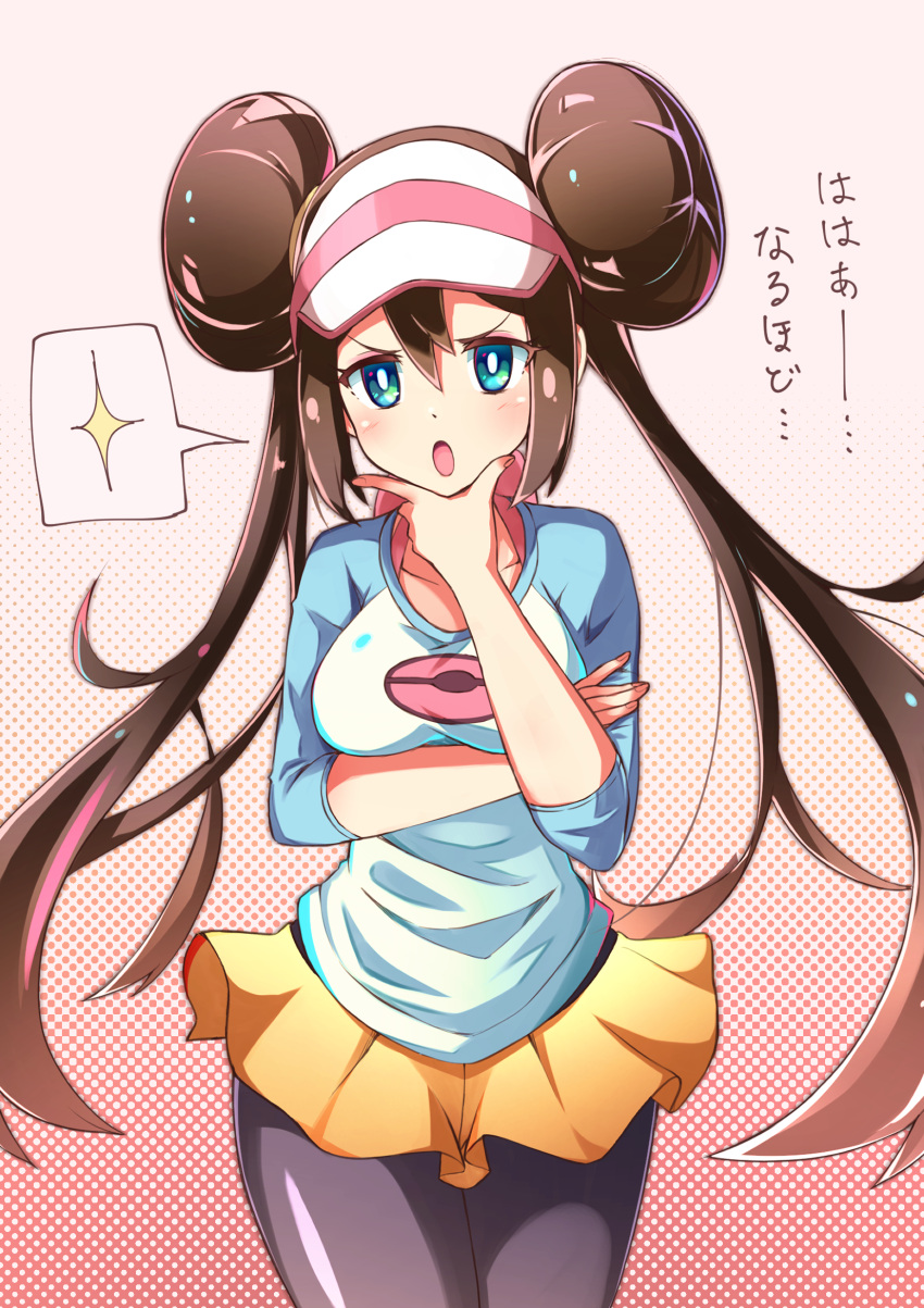 1girl black_legwear blue_eyes breast_lift breasts brown_hair double_bun hand_on_own_chin hand_up hat highres impossible_clothes long_hair looking_at_viewer mei_(pokemon) open_mouth pantyhose pink_background pokemon pokemon_(game) pokemon_bw2 polka_dot polka_dot_background raglan_sleeves simple_background skirt solo speech_bubble twintails two-tone_background visor_cap white_background yakiniku_oc yellow_skirt