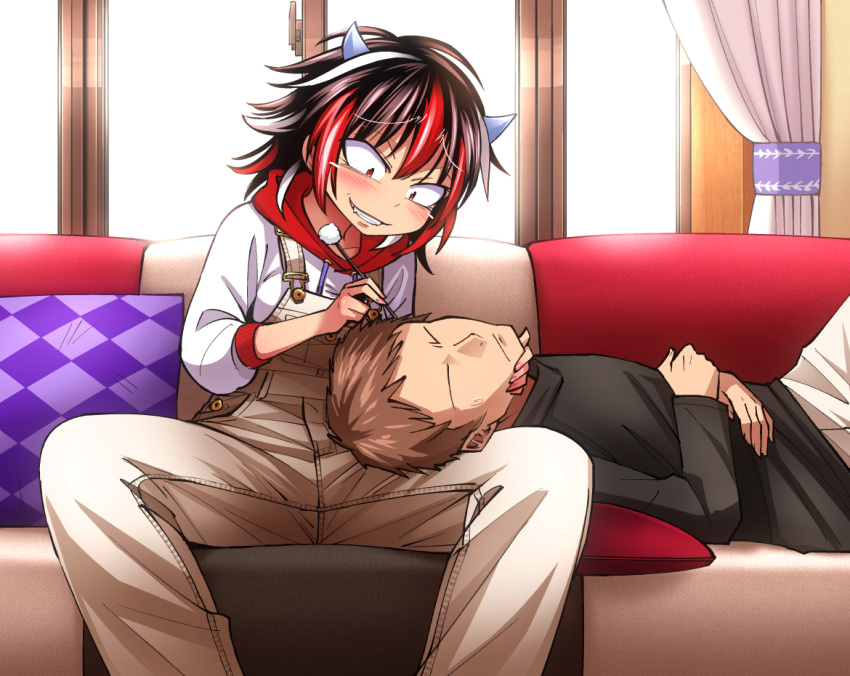 1boy 1girl annoyed artist_self-insert beige_overalls black_shirt blush brown_hair constricted_pupils couch ear_cleaning eyebrows_visible_through_hair fang grin hair_between_eyes hood hoodie kijin_seija lap_pillow long_sleeves lying mimikaki multicolored_hair no_eyes overalls pants red_eyes shimizu_pem shirt short_hair smile streaked_hair sunlight sweatdrop touhou white_pants window