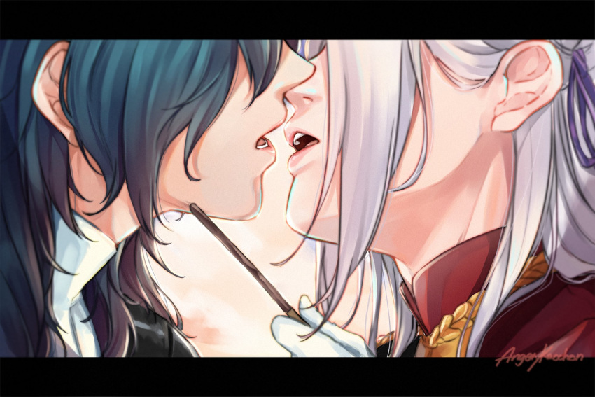 2girls angerykacchan artist_name byleth_(fire_emblem) byleth_eisner_(female) edelgard_von_hresvelg fire_emblem fire_emblem:_three_houses food gloves green_hair head_out_of_frame highres imminent_kiss multiple_girls open_mouth pocky pocky_day silver_hair white_gloves yuri