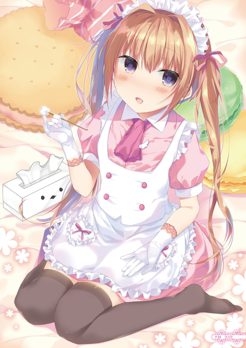 1girl :d absurdres apron bangs bed_sheet black_legwear blush brown_hair collared_shirt dress_shirt eyebrows_visible_through_hair food frilled_apron frills full_body gloves hair_between_eyes hair_ribbon highres hirari holding lace lace-trimmed_gloves long_hair macaron maid_headdress mimikaki no_shoes open_mouth original pillow pink_shirt pink_skirt puffy_short_sleeves puffy_sleeves red_neckwear red_ribbon ribbon shirt short_sleeves sitting skirt smile solo thigh-highs tissue_box twintails very_long_hair vest violet_eyes wariza white_apron white_gloves white_vest