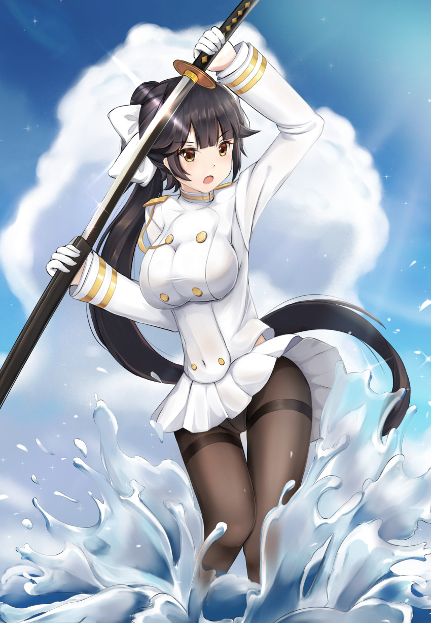 1girl :o arm_up azur_lane bangs black_hair blue_sky blunt_bangs blush bow breasts brown_eyes brown_legwear clouds cloudy_sky commentary_request covered_navel day eyebrows_visible_through_hair gloves hair_bow half_gloves highres holding holding_sheath holding_sword holding_weapon jacket katana large_breasts long_hair long_sleeves mctom military_jacket open_mouth outdoors panties panties_under_pantyhose pantyhose pleated_skirt ponytail sheath sidelocks skirt sky solo splashing sword takao_(azur_lane) thighband_pantyhose underwear unsheathing v-shaped_eyebrows very_long_hair water weapon white_bow white_gloves white_jacket white_skirt