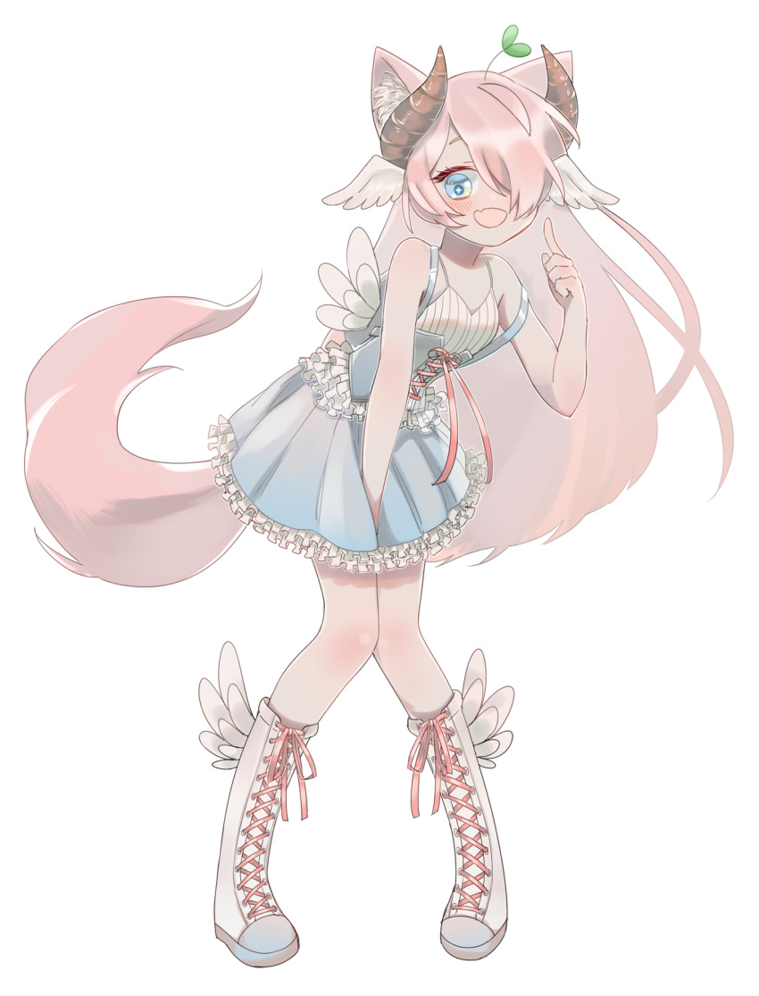 1girl ahoge animal_ears backpack bare_shoulders between_legs blue_backpack blue_eyes blush boots corset dress fang full_body hair_over_one_eye hand_between_legs horns knees_together_feet_apart long_hair madoka_(sinamuna) open_mouth original pale_skin pink_hair pinstripe_pattern pinstripe_shirt ribbon ruffled_dress ruffled_skirt ruffles shubloo_ skirt solo spaghetti_strap sprout sprout_on_head striped_shirt symbol-shaped_pupils tail transparent_background wing_ears winged_backpack winged_boots wings