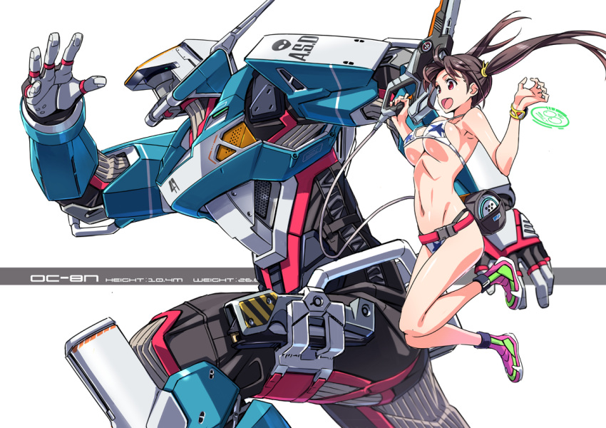 1girl abs ankle_boots armpits bikini black_hair boots breasts fanny_pack gun large_breasts long_hair mecha navel open_mouth original red_eyes robot running simple_background star star_print suzutsuki_kurara swimsuit twintails watch watch weapon