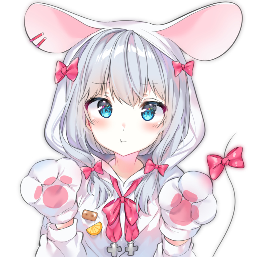 1girl animal_costume animal_ears bangs blue_eyes blush bow eromanga_sensei eyebrows_visible_through_hair grey_hair hair_bow izumi_sagiri long_hair looking_at_viewer mouse_costume mouse_ears mouse_tail pink_bow pink_ribbon ribbon sidelocks silver_hair solo tail tail_bow upper_body urim_(paintur)