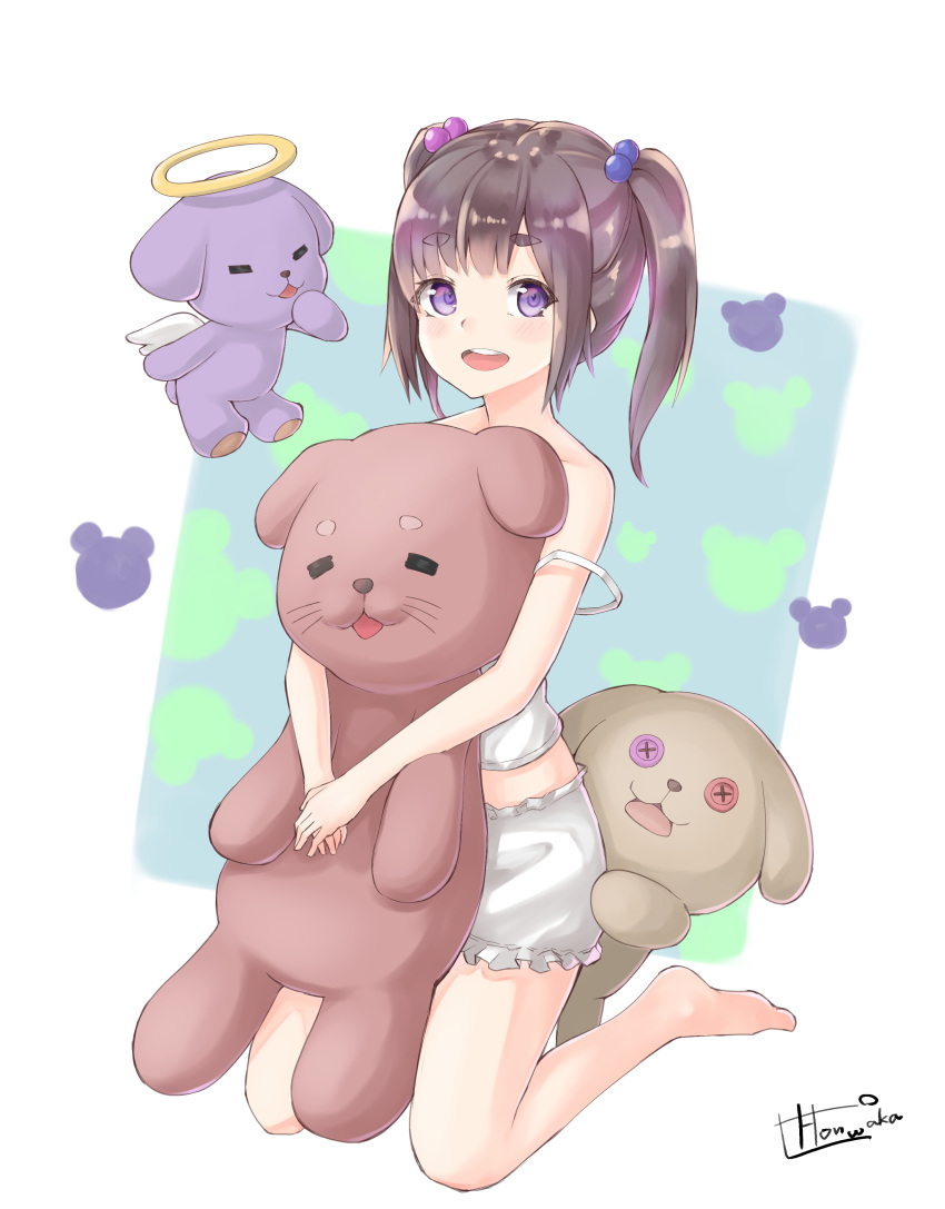 1girl absurdres artist_name bangs bare_shoulders black_hair blush commentary_request eyebrows_visible_through_hair halo highres looking_at_viewer object_hug off_shoulder open_mouth original panties shirt smile stuffed_animal stuffed_toy teddy_bear twintails underwear upper_teeth violet_eyes white_panties white_shirt white_wings wings yumoto_motoyu