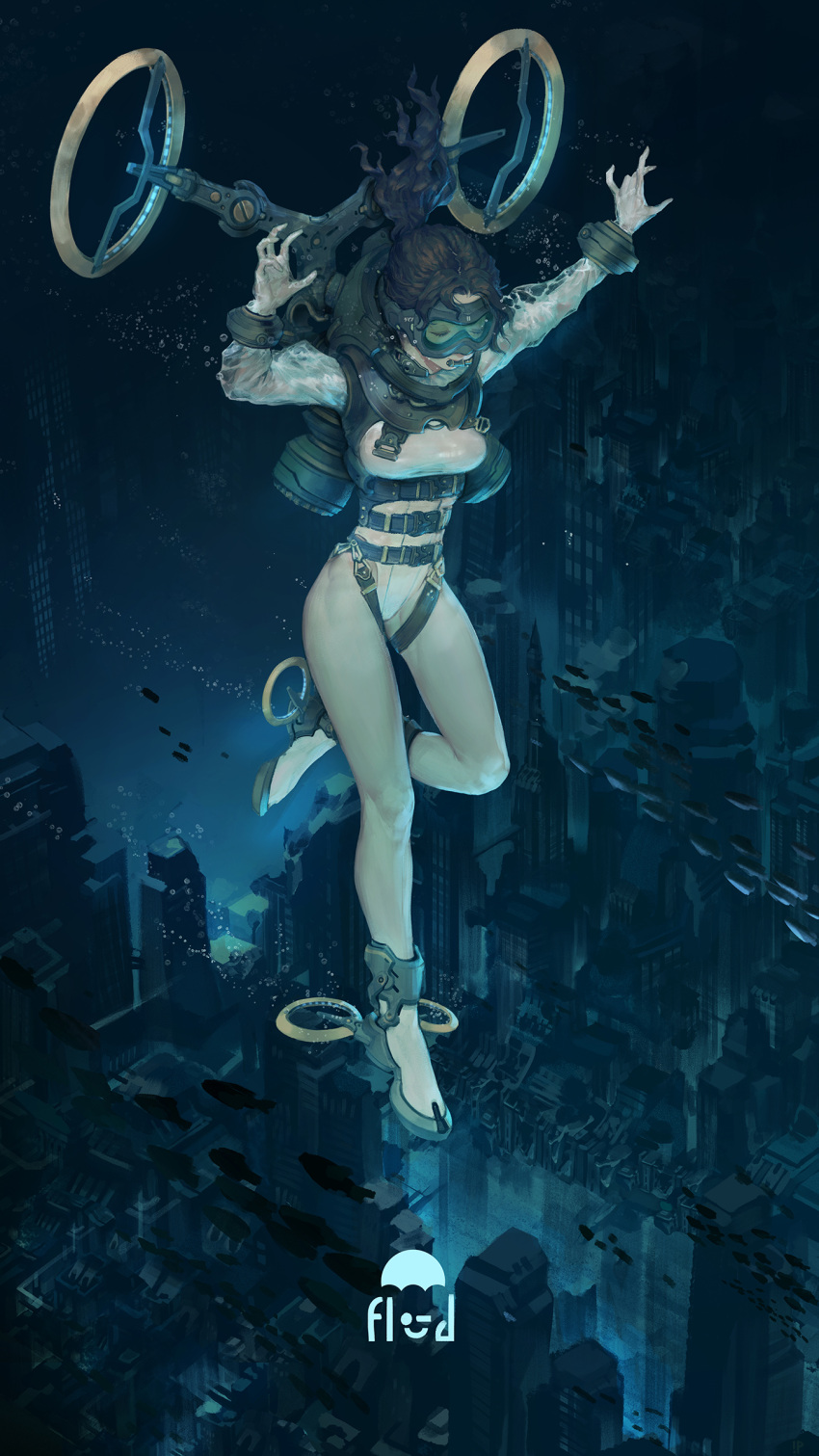 1girl absurdres animal arms_up belt breasts brown_hair bubble closed_eyes fish goggles highres instant_ip leotard long_hair machinery original ponytail see-through solo underwater underwater_city