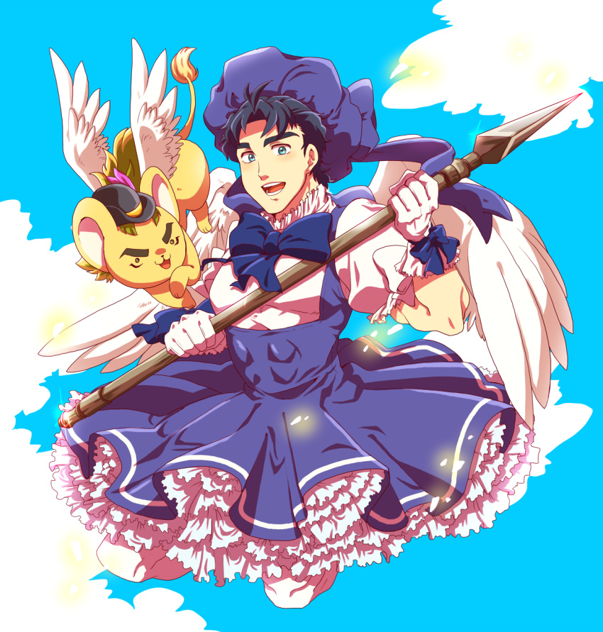 1boy abs beret black_hair black_headwear blue_bow blue_dress blue_headwear blue_neckwear blue_sky bow bowtie brown_hair cardcaptor_sakura clouds cosplay crossdressinging dress feathered_wings flying frilled_dress frills full_body gloves hat highres holding holding_spear holding_weapon jojo_no_kimyou_na_bouken jonathan_joestar kero kero_(cosplay) kinomoto_sakura kinomoto_sakura_(cosplay) koma_saburou long_hair looking_at_viewer male_focus midair muscle open_mouth petticoat phantom_blood polearm robert_eo_speedwagon short_hair sky spear teeth weapon white_gloves white_wings wings