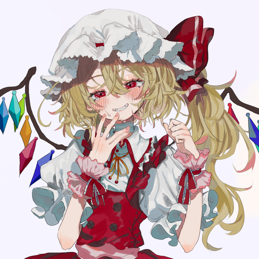 1girl bandaid bangs blonde_hair blush buttons clenched_teeth crystal ears embellished_costume eyelashes flandre_scarlet frilled_ribbon frills grey_background grin hair_between_eyes half-closed_eyes hand_to_own_mouth hands_up happy_tears hat hat_ribbon head_tilt high_collar highres long_hair looking_at_viewer messy_hair mob_cap nail_polish neck_ribbon pink_nails puffy_short_sleeves puffy_sleeves red_eyes red_ribbon red_skirt red_vest ribbon sash shirt short_sleeves side_ponytail simple_background skirt skirt_set smile solo tears teeth touhou upper_body vest wabun white_headwear white_shirt wings wrist_cuffs yellow_neckwear yellow_ribbon