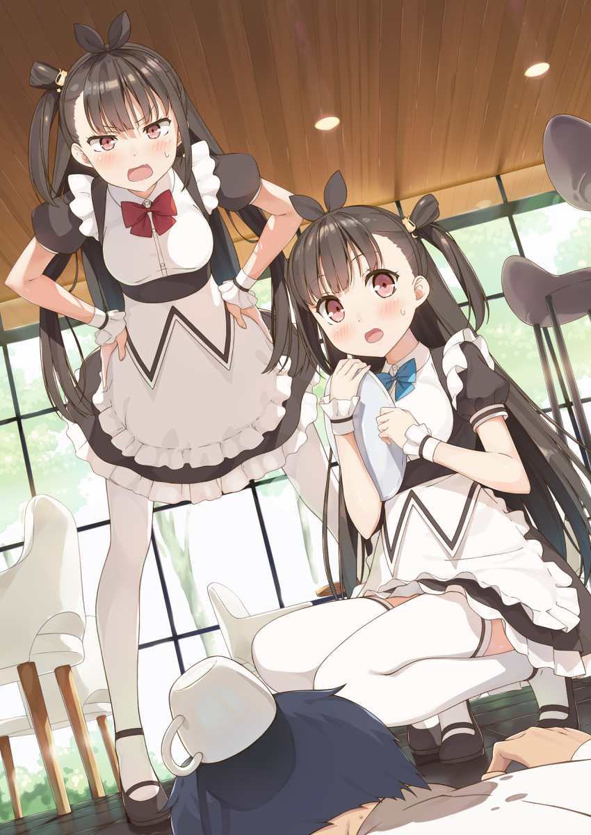 1boy 2girls :o angry bangs black_bow blue_bow blush bow brown_hair ceiling chair coffee_mug cup hair_bow hands_on_hips highres holding holding_tray leaning_forward long_hair looking_at_viewer lying maid mug multiple_girls on_stomach original pantyhose pink_eyes red_bow short_sleeves squatting sweatdrop thigh-highs tray tsubure_manjuu very_long_hair white_legwear window wrist_cuffs