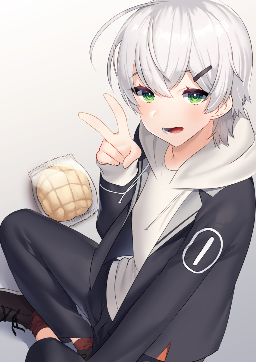 1boy blush bread eyebrows_visible_through_hair food game_club_project green_eyes hair_ornament hairclip highres hood hoodie kazami_ryou looking_at_viewer looking_up melon_bread mizuki_eiru_(akagi_kurage) open_mouth silver_hair sitting smile v virtual_youtuber