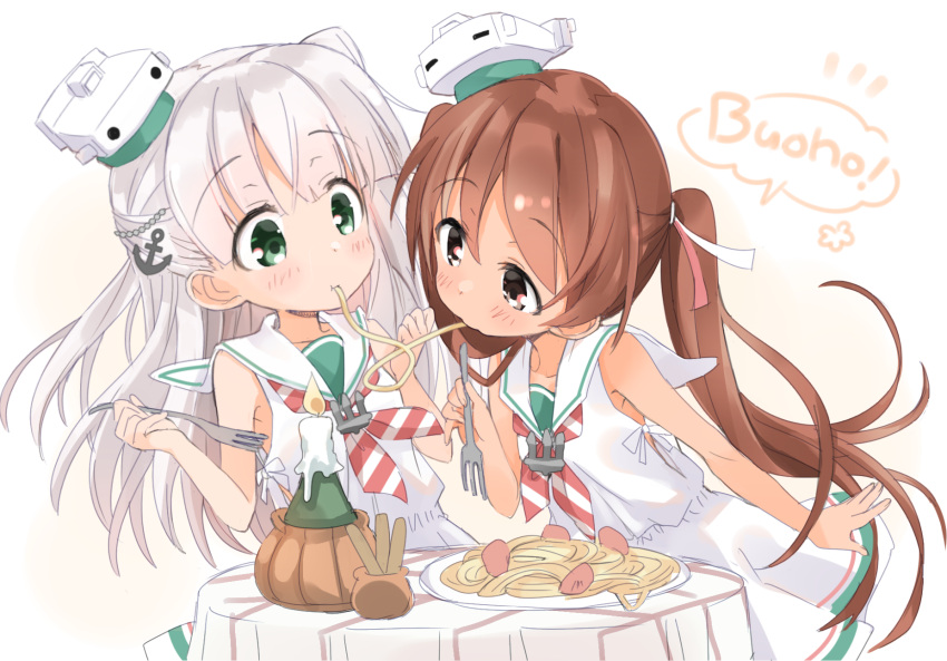 2girls anchor anchor_hair_ornament bangs blush brown_eyes brown_hair candle dress eating eyebrows_visible_through_hair food fork green_eyes hair_ornament hair_ribbon highres hizuki_yayoi holding holding_fork italian_text kantai_collection lady_and_the_tramp libeccio_(kantai_collection) long_hair maestrale_(kantai_collection) meatball mouth_hold multiple_girls one_side_up pasta ribbon sailor_collar sailor_dress silver_hair simple_background sleeveless sleeveless_dress spaghetti spaghetti_and_meatballs striped striped_neckwear table tablecloth tan twintails white_background