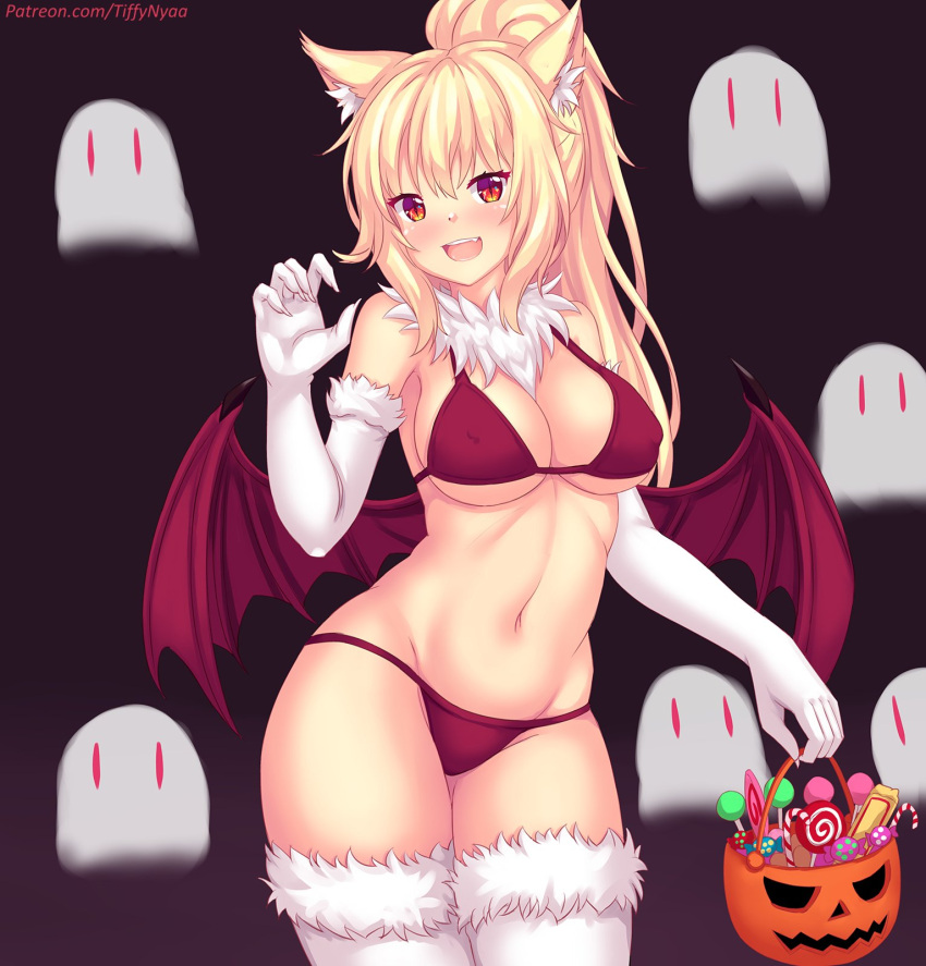 1girl animal_ear_fluff animal_ears bikini blonde_hair breasts candy cat_ears claws cowboy_shot demon_wings elbow_gloves english_commentary eyebrows_visible_through_hair fang fast-runner-2024 food fur_trim ghost gloves gradient gradient_background halloween highres large_breasts long_hair looking_at_viewer navel open_mouth original red_bikini red_eyes slit_pupils solo standing swimsuit thigh-highs tiffy_(fast-runner-2024) white_gloves white_legwear wings
