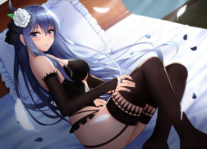 1girl arm_warmers ass bare_shoulders bed black_panties blue_hair blush breasts brown_legwear bustier commentary_request copyright_request feathers flower garter_straps hair_flower hair_ornament highres jewelry large_breasts lingerie long_hair looking_at_viewer lying nail_polish navel no_shoes on_bed on_side panties parted_lips petals pillow ring rko_(a470350510) sidelocks solo thigh-highs underwear very_long_hair violet_eyes