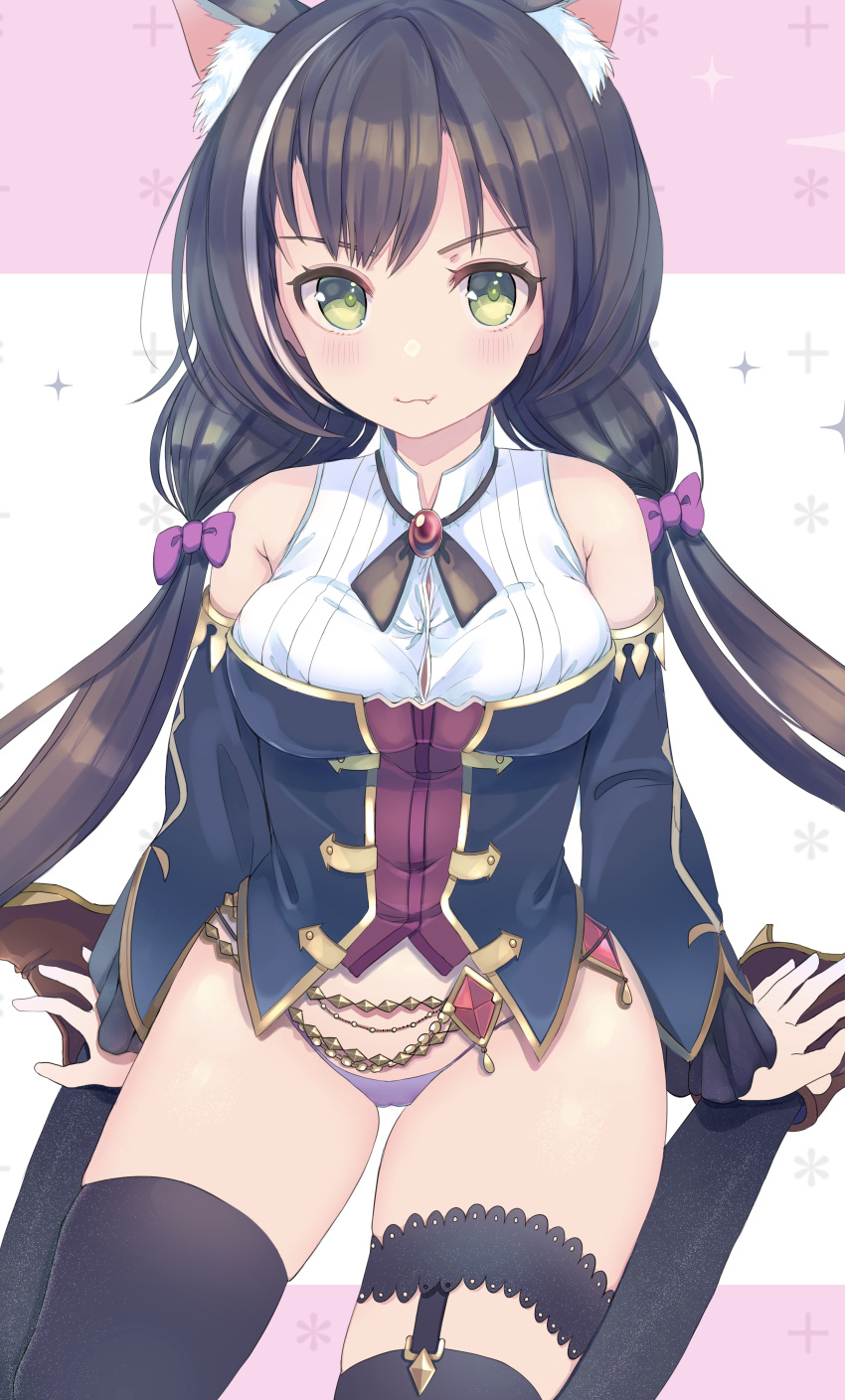 1girl :3 absurdres ancolatte_(onikuanco) animal_ear_fluff animal_ears bangs bare_shoulders black_hair black_legwear blush boots bow breasts brooch cat_ears cat_tail closed_mouth detached_sleeves eyebrows_visible_through_hair fang fang_out green_eyes hair_between_eyes hair_bow highres jewelry kyaru_(princess_connect) long_hair looking_at_viewer low_twintails medium_breasts multicolored_hair no_pants panties princess_connect! princess_connect!_re:dive purple_bow purple_panties sitting skindentation solo streaked_hair string_panties tail thigh-highs twintails underwear very_long_hair wariza white_hair
