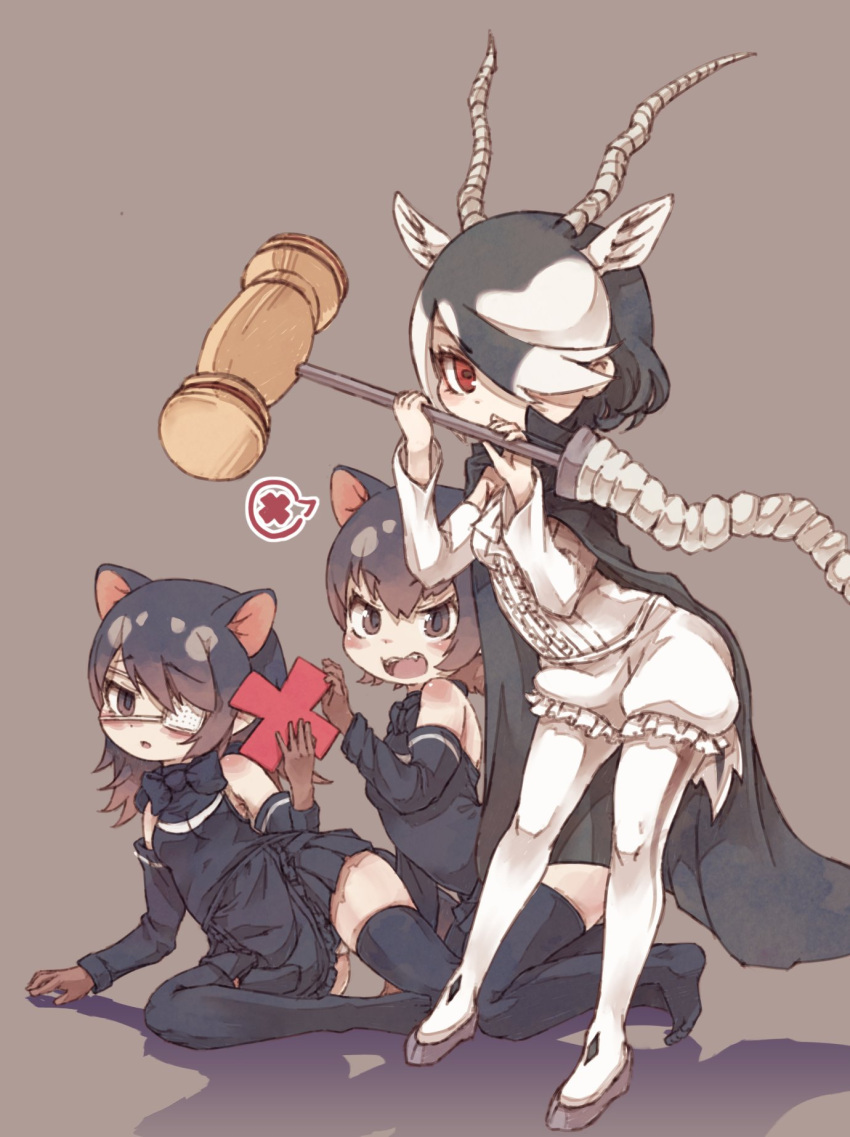 3girls antelope_ears antelope_horns apron australian_devil_(kemono_friends) bare_shoulders black_apron black_cape black_hair black_legwear black_neckwear black_shirt black_skirt blackbuck_(kemono_friends) bow bowtie brown_eyes brown_gloves cape center_frills commentary_request detached_sleeves extra_ears eyebrows_visible_through_hair eyepatch fangs gloves hair_over_one_eye hammer highres kemono_friends kolshica long_sleeves medical_eyepatch multicolored_hair multiple_girls no_shoes open_mouth pantyhose pleated_skirt polearm puffy_shorts red_eyes shirt short_hair shorts skirt spear spoken_x tasmanian_devil_(kemono_friends) tasmanian_devil_ears tasmanian_devil_tail thigh-highs weapon white_hair white_legwear white_shirt zettai_ryouiki