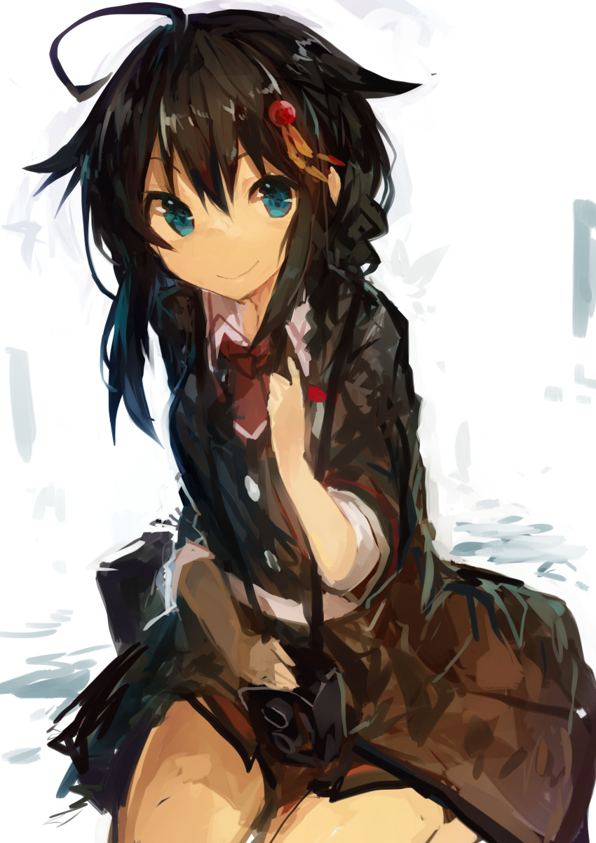 1girl absurdres ahoge bangs blue_eyes braid brown_hair camera coat hair_flaps hair_ornament highres kaamin_(mariarose753) kantai_collection pleated_skirt red_neckwear remodel_(kantai_collection) sailor_collar shigure_(kantai_collection) single_braid sitting skirt smile solo white_background