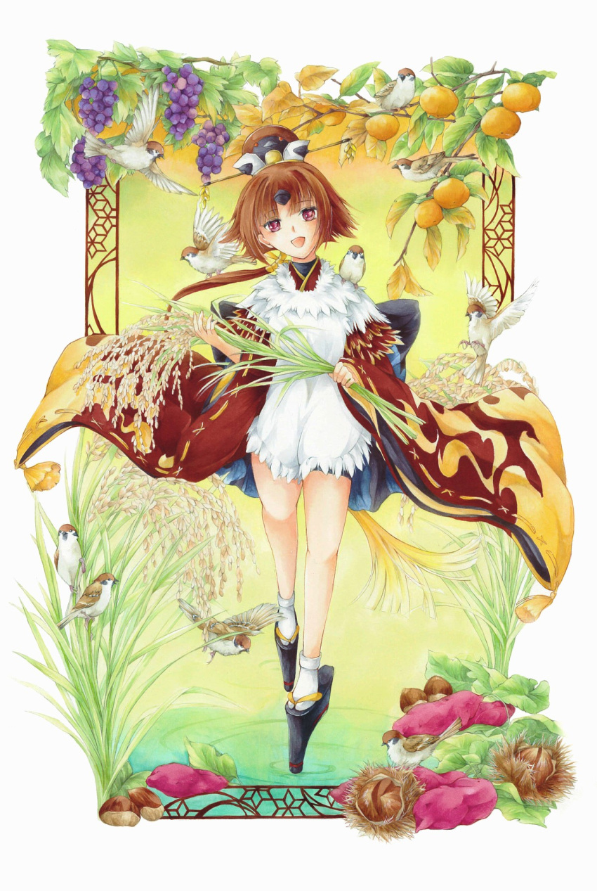 1girl animal animal_on_shoulder apron benienma_(fate/grand_order) bird bird_on_shoulder brown_eyes brown_hair chestnut fate/grand_order fate_(series) food fruit grapes highres low_ponytail mandarin_orange ryuukyou sparrow vegetable wheat wide_sleeves