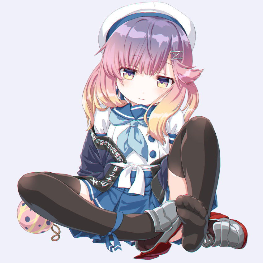 1girl bangs black_legwear blue_neckwear blue_ribbon blue_sailor_collar blue_skirt blush buttons closed_mouth clothes_writing commentary_request dd_(ijigendd) eyebrows_visible_through_hair full_body gradient_hair hat highres jacket kantai_collection long_hair long_sleeves looking_at_viewer multicolored_hair neckerchief orange_hair pleated_skirt puffy_short_sleeves puffy_sleeves purple_hair ribbon sailor_collar sailor_hat school_uniform serafuku shoes short_sleeves sidelocks simple_background sitting skirt solo thigh-highs tsushima_(kantai_collection) violet_eyes white_headwear