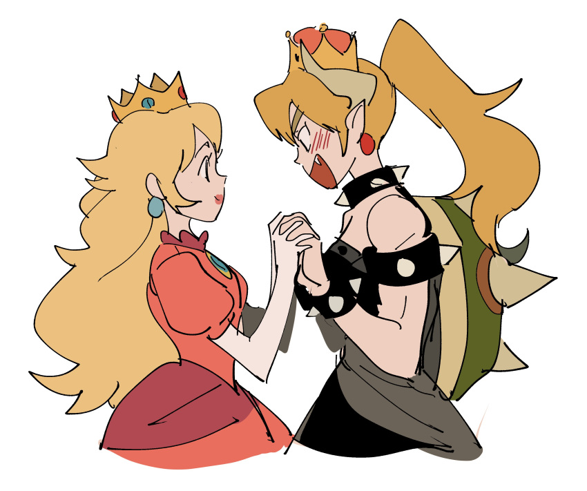 2girls :d absurdres blonde_hair blue_eyes bowsette dress eye_contact fang high_ponytail highres holding_hands kendy_(revolocities) lipstick looking_at_another makeup super_mario_bros. multiple_girls new_super_mario_bros._u_deluxe open_mouth ponytail princess_peach shell smile super_crown teeth yuri