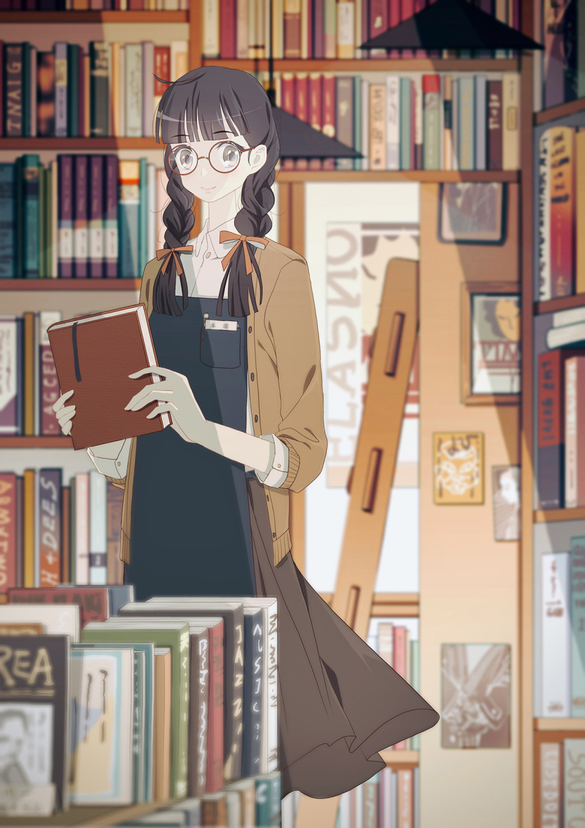 1girl amada_(12785891) apron bangs blunt_bangs blurry blurry_background book bookshelf braid brown_jacket glasses highres holding holding_book indoors jacket ladder long_hair long_neck original pale_skin pen picture_(object) pocket smile solo standing twin_braids twintails