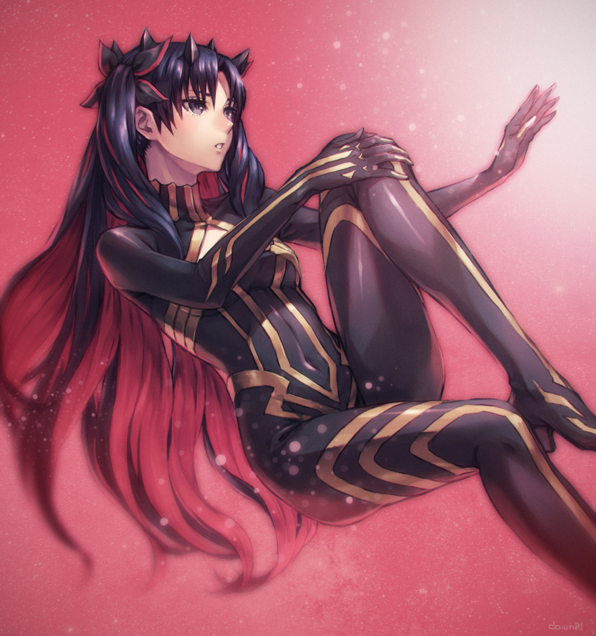 1girl bangs black_bodysuit black_hair black_ribbon bodysuit breasts covered_navel fate/grand_order fate_(series) hair_ribbon high_heels highres long_hair multicolored_hair parted_bangs redhead ribbon skin_tight small_breasts solo space_ishtar_(fate) two-tone_hair two_side_up violet_eyes yoake_dawn01