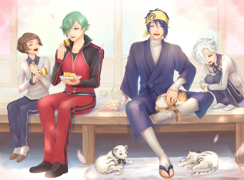 4boys ^_^ bandana blue_hair brown_hair cake castella_(food) cat closed_eyes food gokotai gokotai's_tigers green_eyes green_hair hair_over_one_eye hirano_toushirou japanese_clothes male_focus mikazuki_munechika momopanda multiple_boys open_mouth sandals sitting smile tiger tiger_cub touken_ranbu track_suit uguisumaru white_hair white_tiger yellow_eyes