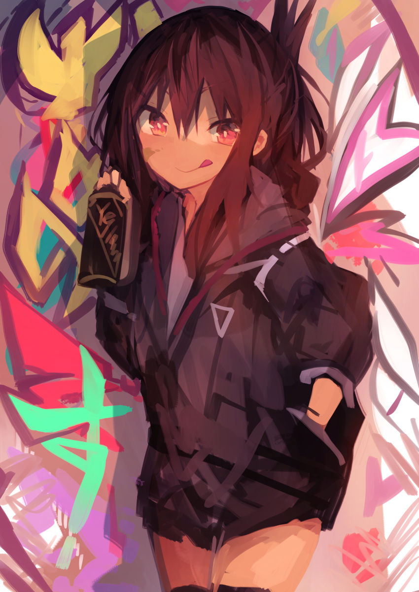 1girl :q absurdres alternate_costume bangs black_legwear brown_eyes brown_hair folded_ponytail graffiti hand_in_pocket highres hood hooded_jacket hoodie inazuma_(kantai_collection) jacket kaamin_(mariarose753) kantai_collection paint_on_face pocket ponytail smile solo spray_can tehepero thigh-highs thighs tongue tongue_out