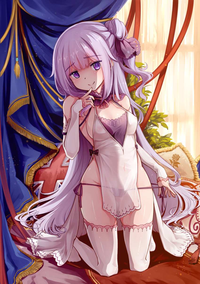 1girl alternate_costume azur_lane bangs bare_shoulders blush breasts commentary_request detached_sleeves dress eyebrows_visible_through_hair hair_ornament highres indoors long_hair looking_at_viewer medium_breasts one_side_up panties purple_hair purple_panties rhineheim solo thigh-highs underwear unicorn_(azur_lane) union_jack very_long_hair violet_eyes white_legwear