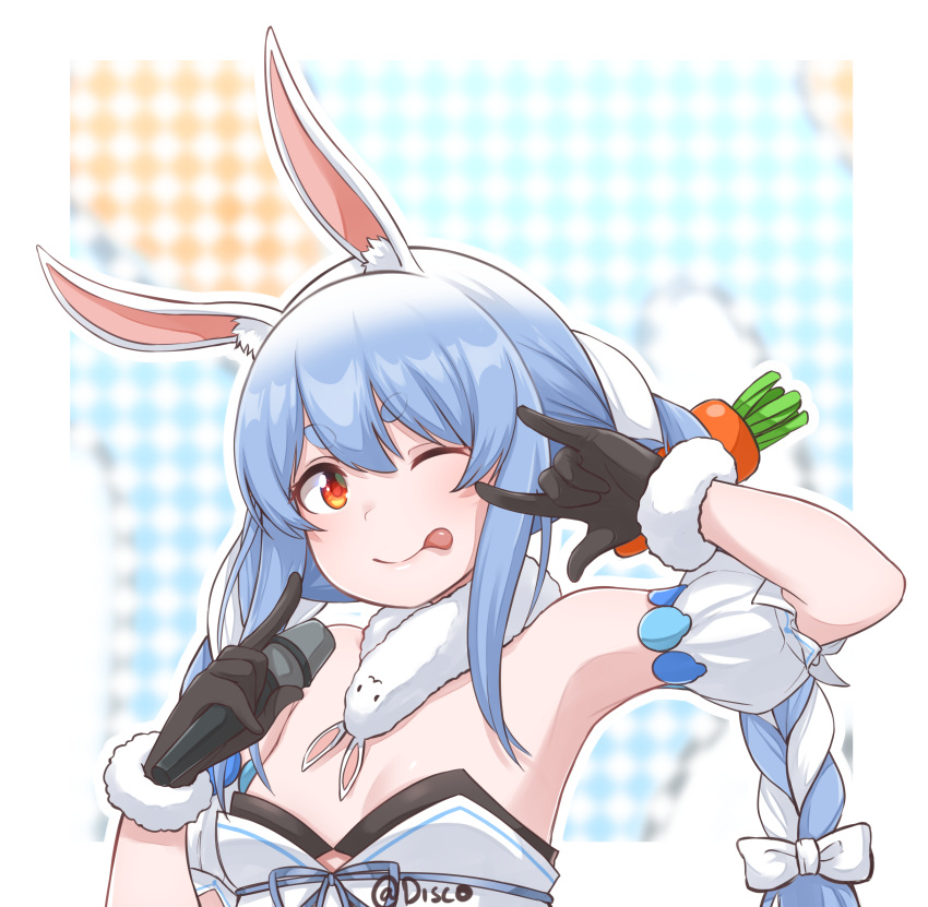 1girl ;p \m/ absurdres animal_ear_fluff animal_ears bangs bare_shoulders black_gloves blue_hair bow braid breasts bunny_girl carrot commentary disco_brando eyebrows_visible_through_hair fur-trimmed_gloves fur_trim gloves hair_between_eyes hair_bow highres holding holding_microphone hololive long_hair looking_at_viewer microphone multicolored_hair one_eye_closed outline rabbit_ears red_eyes sidelocks small_breasts smile solo tongue tongue_out twin_braids two-tone_hair upper_body usada_pekora virtual_youtuber white_bow white_hair white_outline