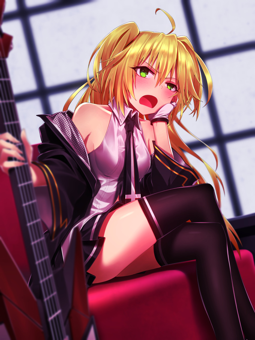 1girl absurdres admiral_hipper_(azur_lane) admiral_hipper_(muse)_(azur_lane) ahoge azur_lane black_legwear blonde_hair electric_guitar fingerless_gloves gloves green_eyes greenkohgen guitar highres holding holding_instrument idol instrument jacket latin_cross leg_belt mole mole_under_eye necktie off_shoulder shirt sleeveless sleeveless_shirt solo two_side_up untucked_shirt