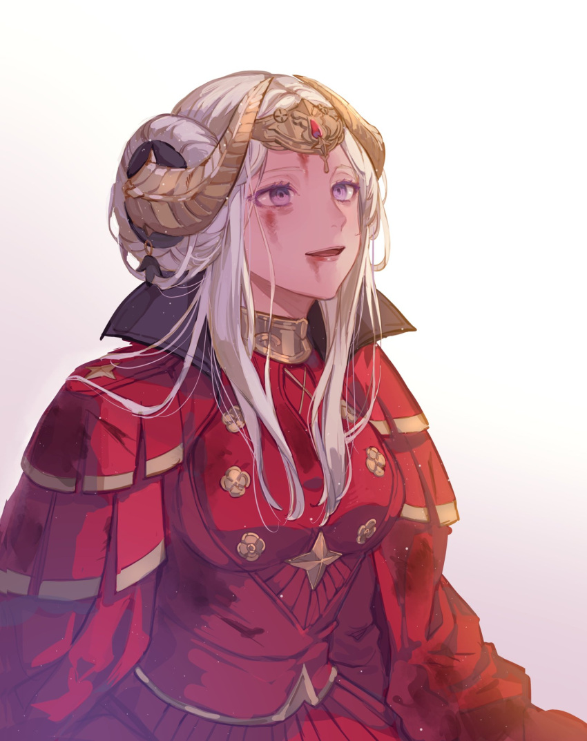 1girl blood blood_on_face bloody_clothes breasts coat cowboy_shot double_bun dress edelgard_von_hresvelg fire_emblem fire_emblem:_three_houses gradient gradient_background highres horn_ornament medium_breasts medium_hair nananfefksg open_mouth red_dress sidelocks silver_hair simple_background smile solo tiara violet_eyes white_background