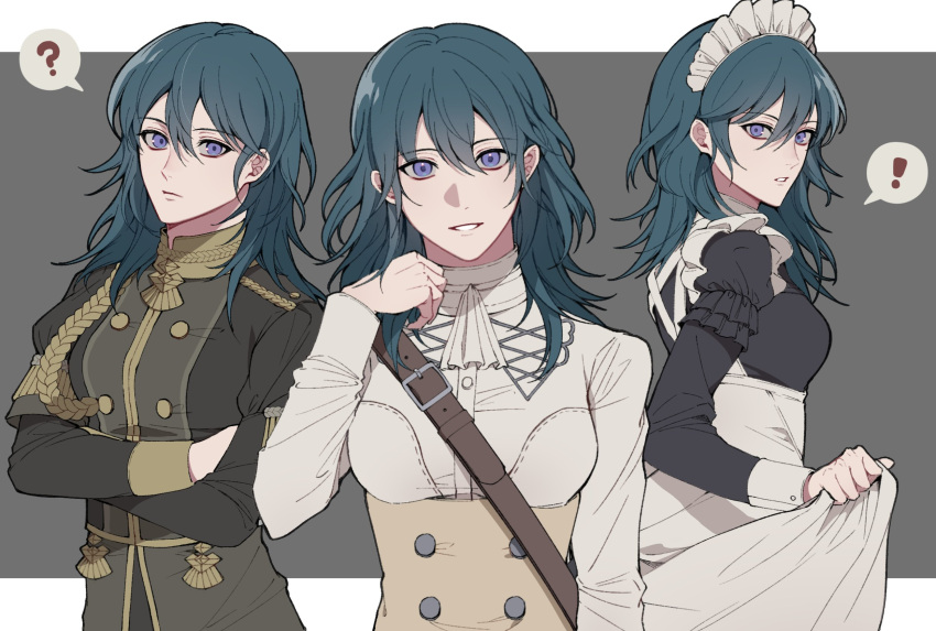 ! 1girl ? blue_eyes blue_hair byleth_(fire_emblem) byleth_eisner_(female) closed_mouth crossed_arms fire_emblem fire_emblem:_three_houses from_side garreg_mach_monastery_uniform grey_background highres long_sleeves looking_to_the_side maid maid_headdress medium_hair mohazzing multiple_views simple_background spoken_exclamation_mark spoken_question_mark uniform upper_body