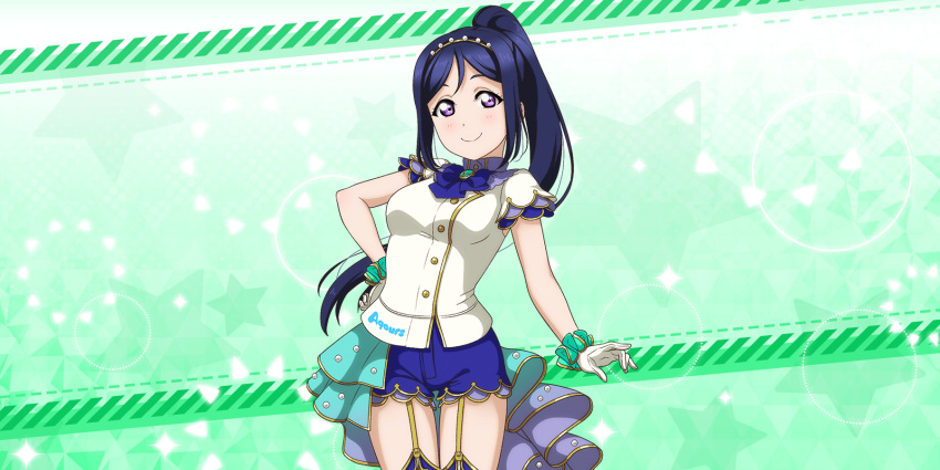 blue_haitlr blush dress long_hair love_live!_school_idol_festival_all_stars matsuura_kanan ponytail smile violet_eyes