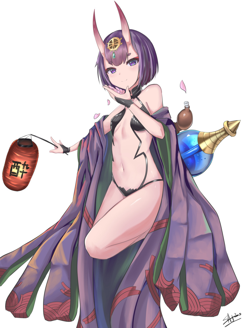 1girl absurdres bangs breasts closed_mouth commentary_request eyebrows_visible_through_hair fate/grand_order fate_(series) full_body gourd headpiece highres horns ichikawayan japanese_clothes kimono lantern long_sleeves looking_at_viewer navel off_shoulder oni oni_horns open_clothes open_kimono paper_lantern petals purple_hair purple_kimono revealing_clothes short_eyebrows short_hair shuten_douji_(fate/grand_order) signature simple_background small_breasts smile solo thick_eyebrows violet_eyes white_background wide_sleeves
