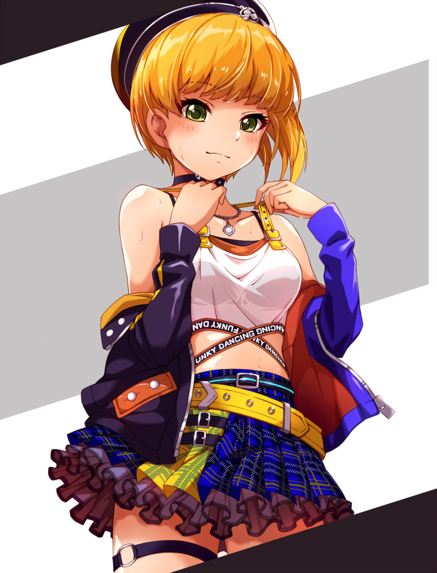 1girl bangs bare_shoulders belt black_jacket blonde_hair blue_jacket blue_skirt blush breasts collarbone commentary_request eyebrows_visible_through_hair frills green_eyes hadome hat highres idolmaster idolmaster_cinderella_girls idolmaster_cinderella_girls_starlight_stage jacket jewelry looking_at_viewer medium_breasts miyamoto_frederica necklace shirt short_hair skirt smile solo white_shirt yellow_belt