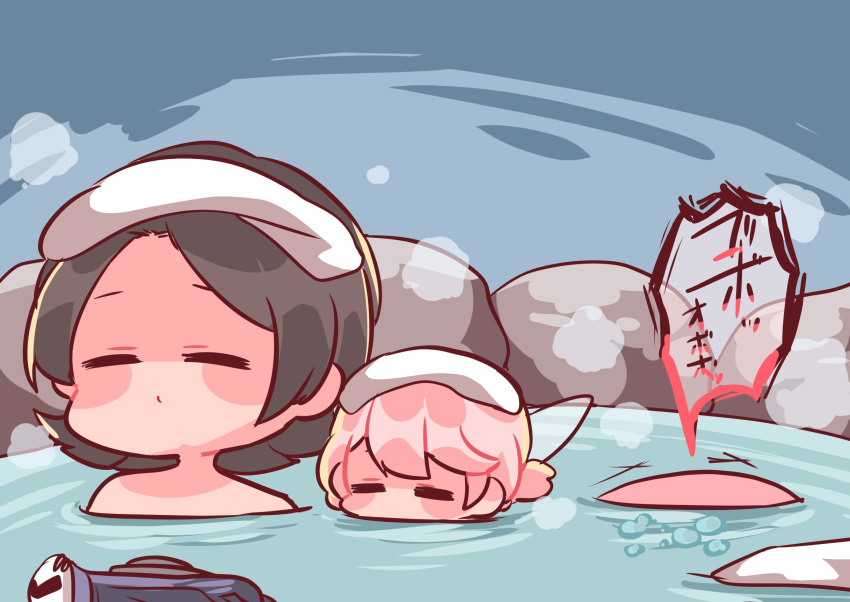 adeleine akiaki_popee black_hair blush_stickers bubble closed_eyes closed_mouth halberd_(airship) highres hot_springs kirby kirby_(series) onsen pink_hair ribbon_(kirby) speech_bubble steam towel towel_on_head translation_request underwater