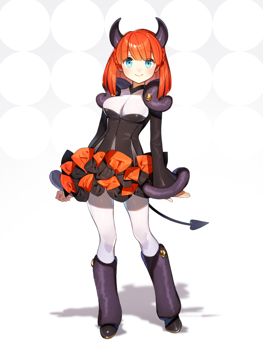 1girl black_dress black_footwear blue_eyes blush bo_ren boots braid breasts closed_mouth commentary_request demon_girl demon_horns demon_tail dress full_body fur-trimmed_sleeves fur_trim highres horns knee_boots long_sleeves looking_at_viewer medium_breasts orange_hair original pantyhose pleated_dress shadow smile solo standing tail white_legwear wide_sleeves