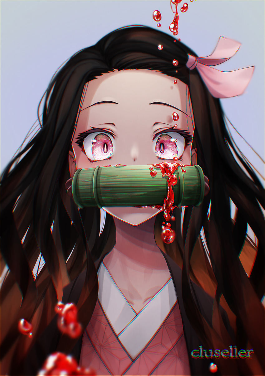 1girl artist_name bamboo bit_gag black_hair blood blood_drip blue_background brown_hair cluseller commentary_request forehead gag gradient_hair hair_ribbon highres japanese_clothes kamado_nezuko kimetsu_no_yaiba kimono long_hair looking_at_viewer mouth_hold multicolored_hair pink_eyes pink_kimono pink_ribbon ribbon simple_background solo two-tone_hair