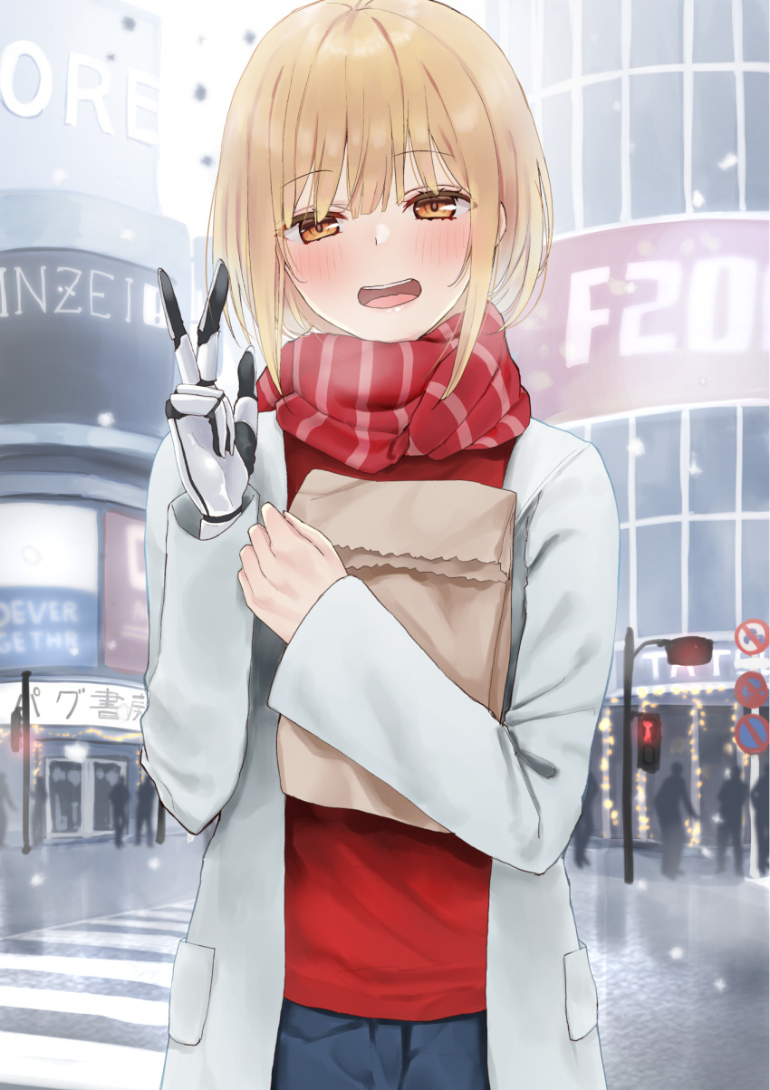 1girl :d bag bangs blonde_hair blush brown_eyes building commentary_request day eyebrows_visible_through_hair grey_jacket hair_between_eyes highres jacket long_sleeves looking_at_viewer object_hug open_clothes open_jacket open_mouth original outdoors paper_bag piripun prosthetic_hand red_scarf red_shirt road_sign round_teeth scarf shirt sign smile snowing solo_focus standing striped striped_scarf teeth traffic_light upper_body upper_teeth w winter