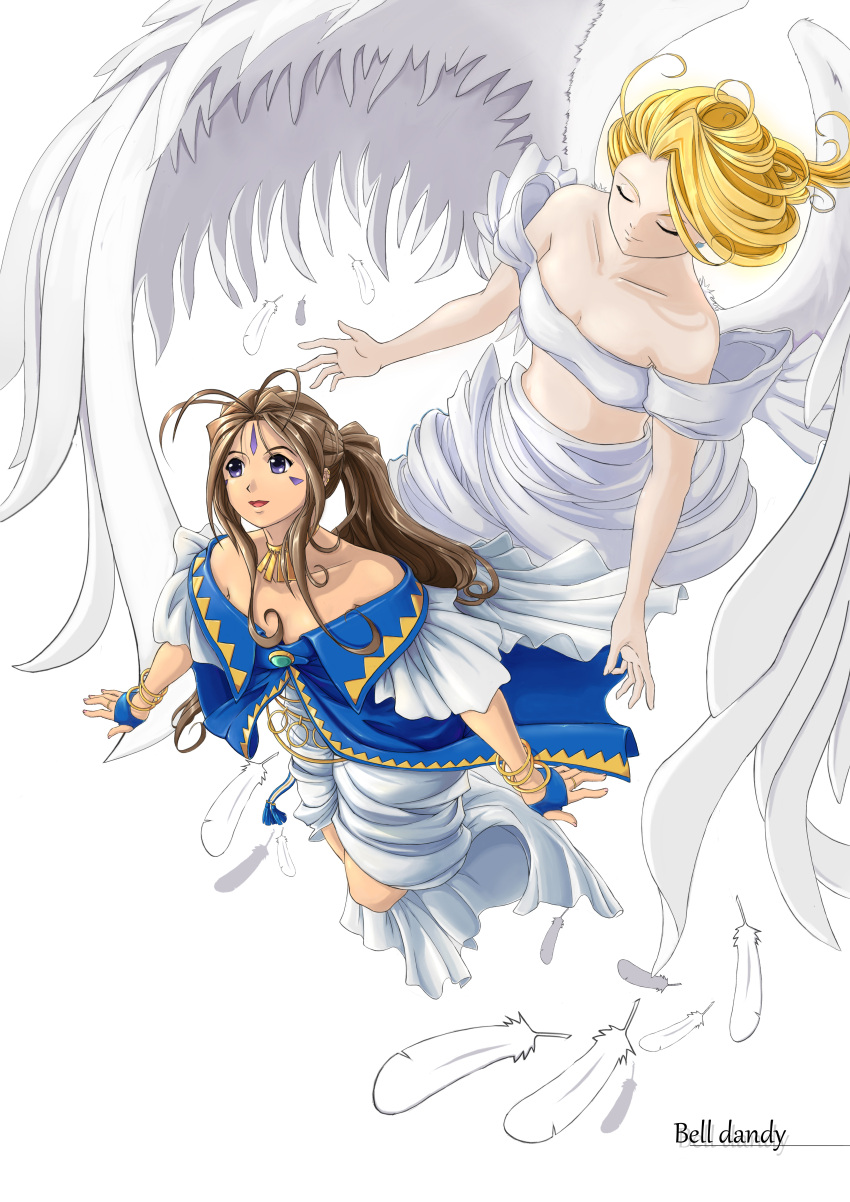 2girls aa_megami-sama absurdres angel_wings anklet antenna_hair bandeau bangle bare_back belldandy blonde_hair bracelet breasts brown_hair character_name closed_eyes duan_henglong dutch_angle feathers highres holy_bell jewelry long_hair medium_hair multiple_girls outstretched_arms small_breasts violet_eyes white_background wings