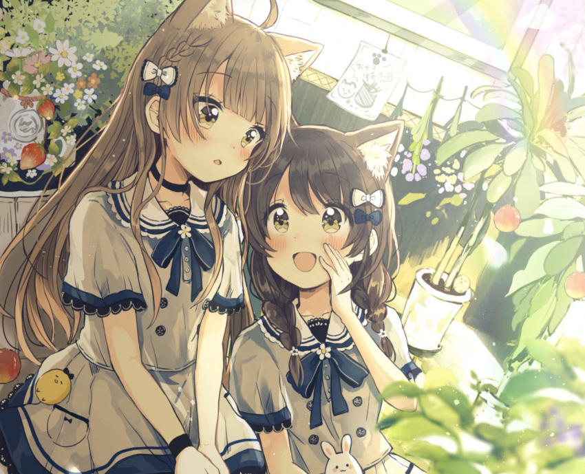 2girls :d ahoge animal animal_ear_fluff animal_ears backlighting bird black_choker blue_bow blurry blurry_foreground blush bow braid brown_eyes brown_hair cat_ears chick choker collarbone collared_shirt commentary_request depth_of_field dutch_angle flower food fruit hair_bow hand_up hands_together highres long_hair multiple_girls open_mouth original own_hands_together parted_lips pink_flower plant potted_plant rabbit red_flower sakura_oriko shirt shorts sitting skirt smile strawberry twin_braids very_long_hair white_bow white_flower white_shirt white_skirt