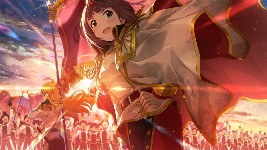 amami_haruka brown_hair cape green_eyes idolmaster_million_live!_theater_days short_hair warrior